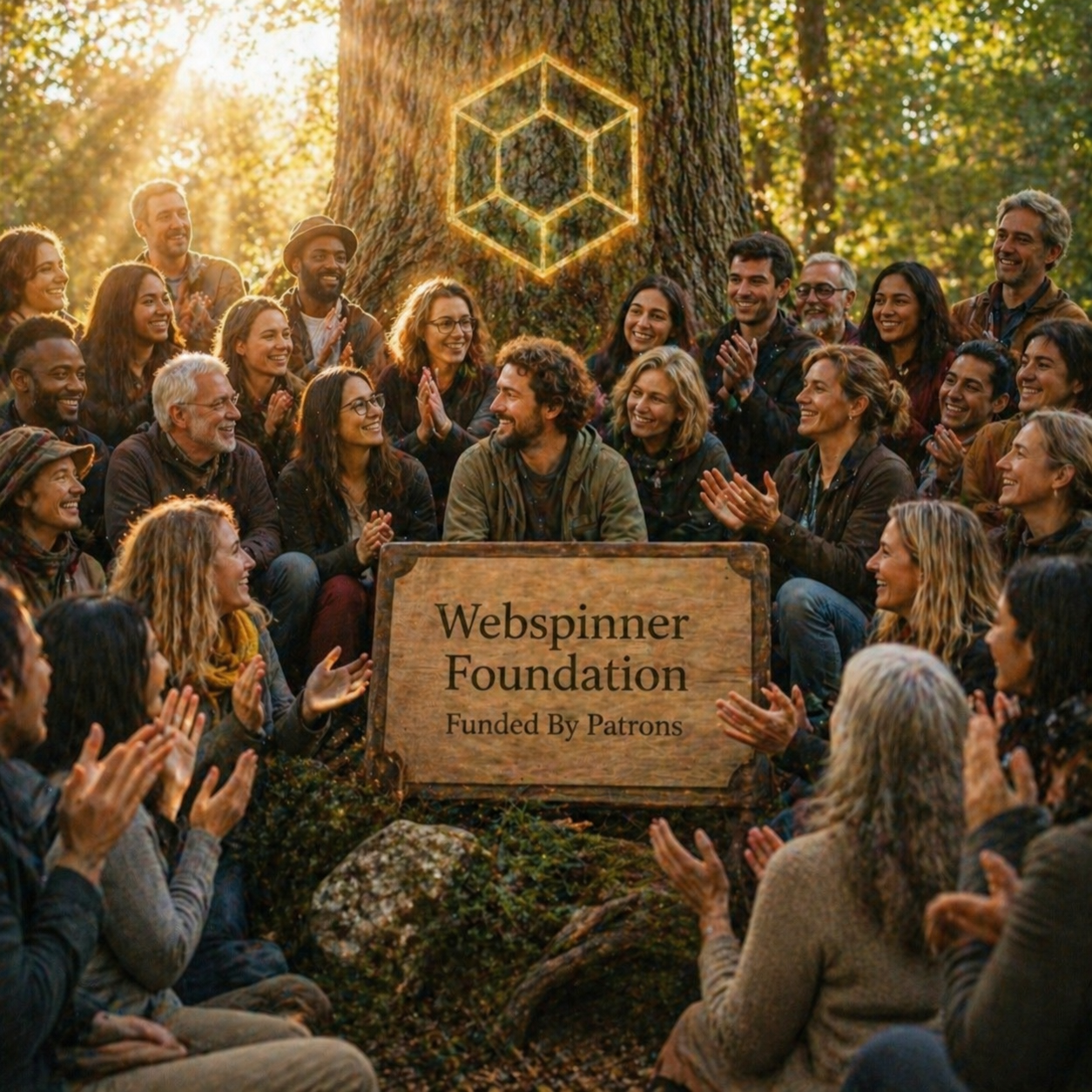 A circle of patrons under an old oak, applauding the Foundation's wooden charter