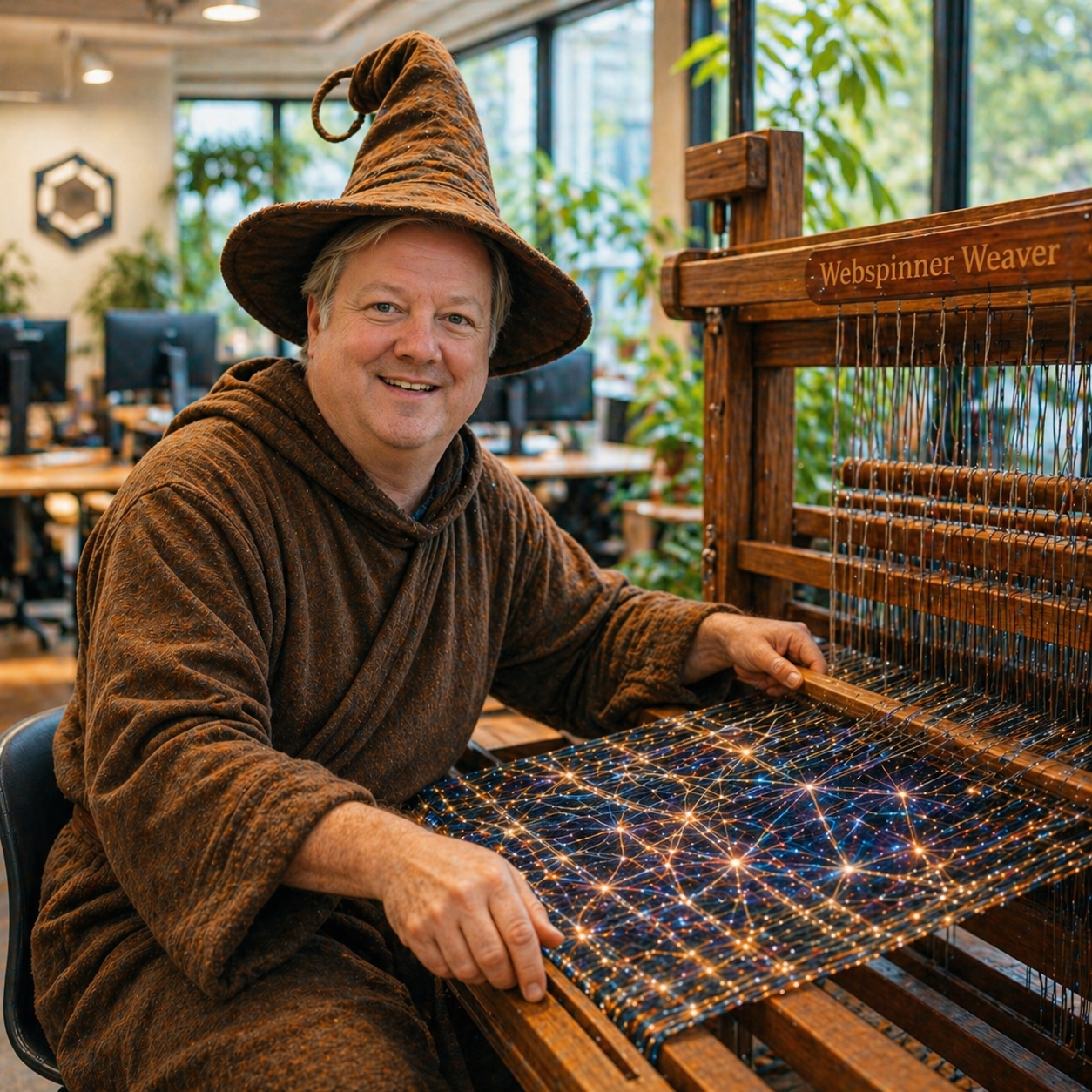 John David Marx, founder of The Webspinner Foundation, at the loom that gives The Weaver its name