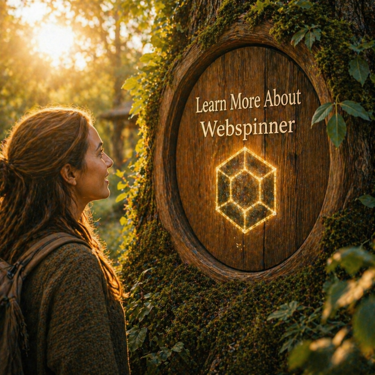 A traveller pausing at a mossy oak inscribed 'Learn More About Webspinner'