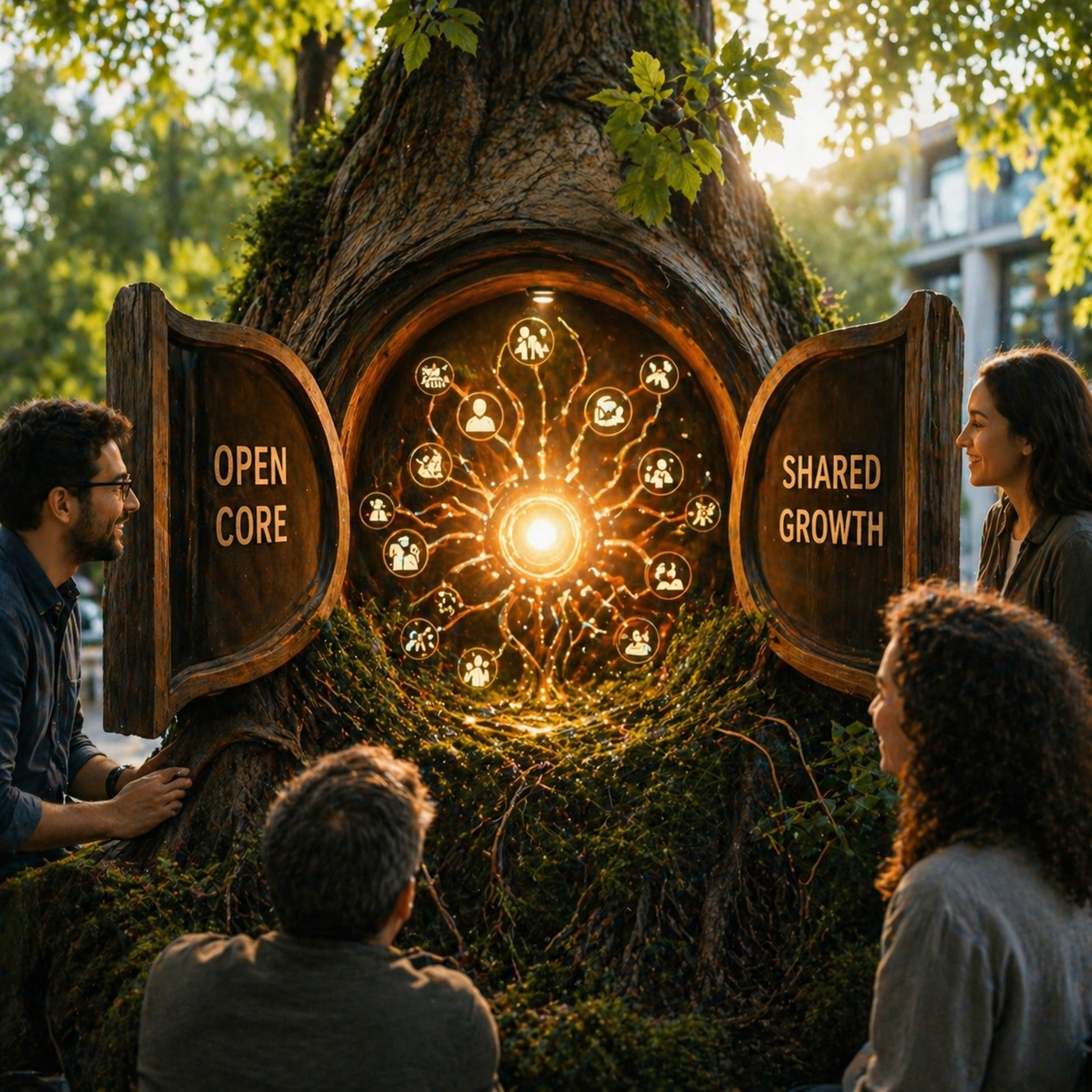A circle of people gathered around an open ledger of software glyphs, set into a giant tree