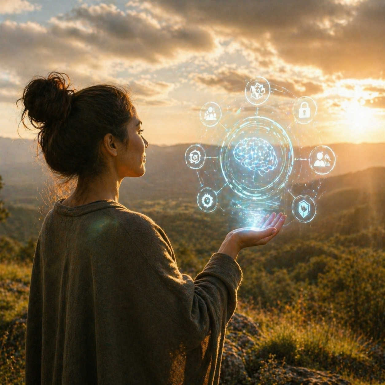 A person at sunrise on a hilltop, holding a glowing constellation of intelligence in their open palm